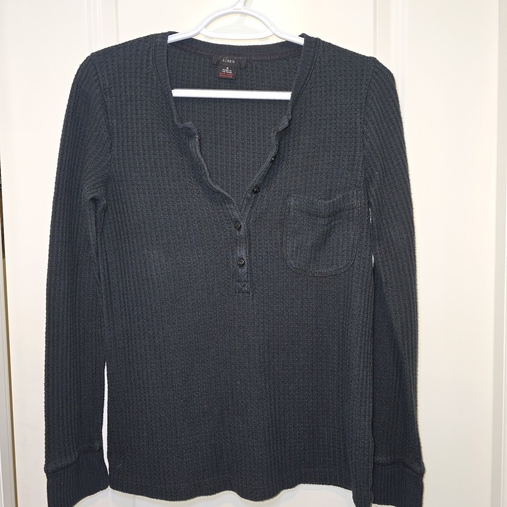 J.Crew Women's Black Waffle Knit Henley Shirt With Pocket, Size Small‎
